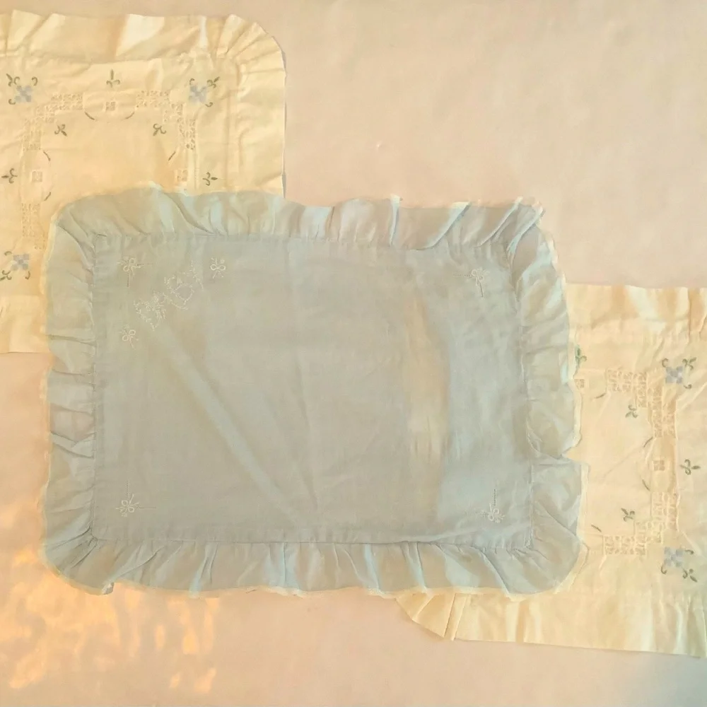 Vintage Baby Embroidered Pillow Shams Set Of 3 Light Blue & White - Picture 2 of 9